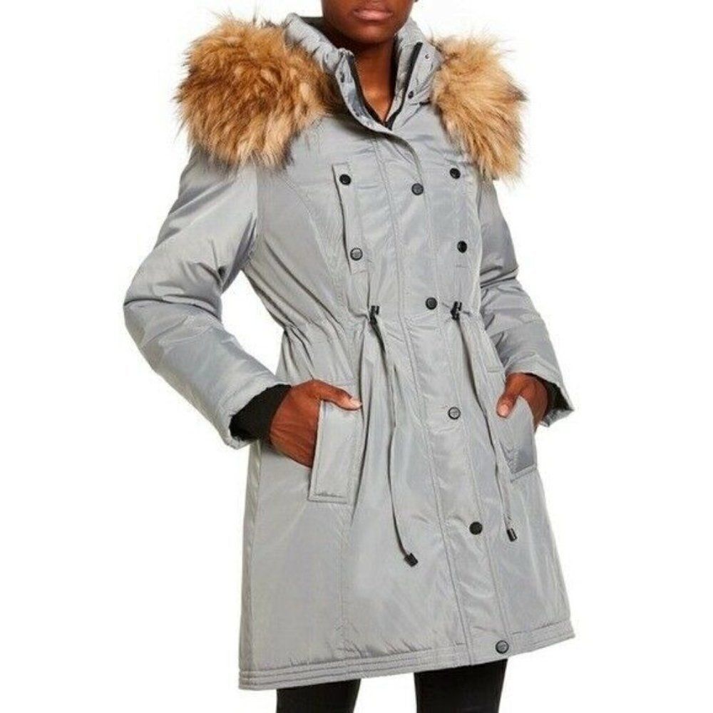 Madden Girl Juniors Silver Grey Faux Fur Trim Hooded Anorak Parka Coat Small NWT